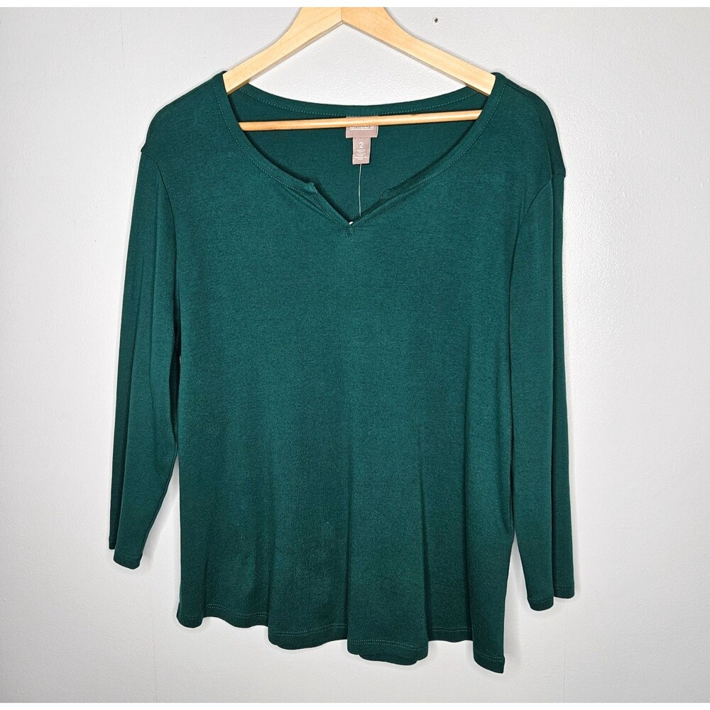 CHICO'S Skylar Split Neck Top Size 2 Large 3/4 Sleeve Enchanting Ivy Green NWT
